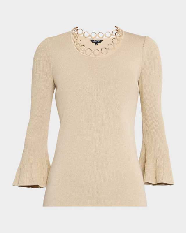 Lurex Crochet Grommet Knit Bell-Sleeve Top